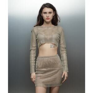 Santa Brands Crystal Embellished Rhinestone Stretchy Mesh Top Long Sleeve XS/S